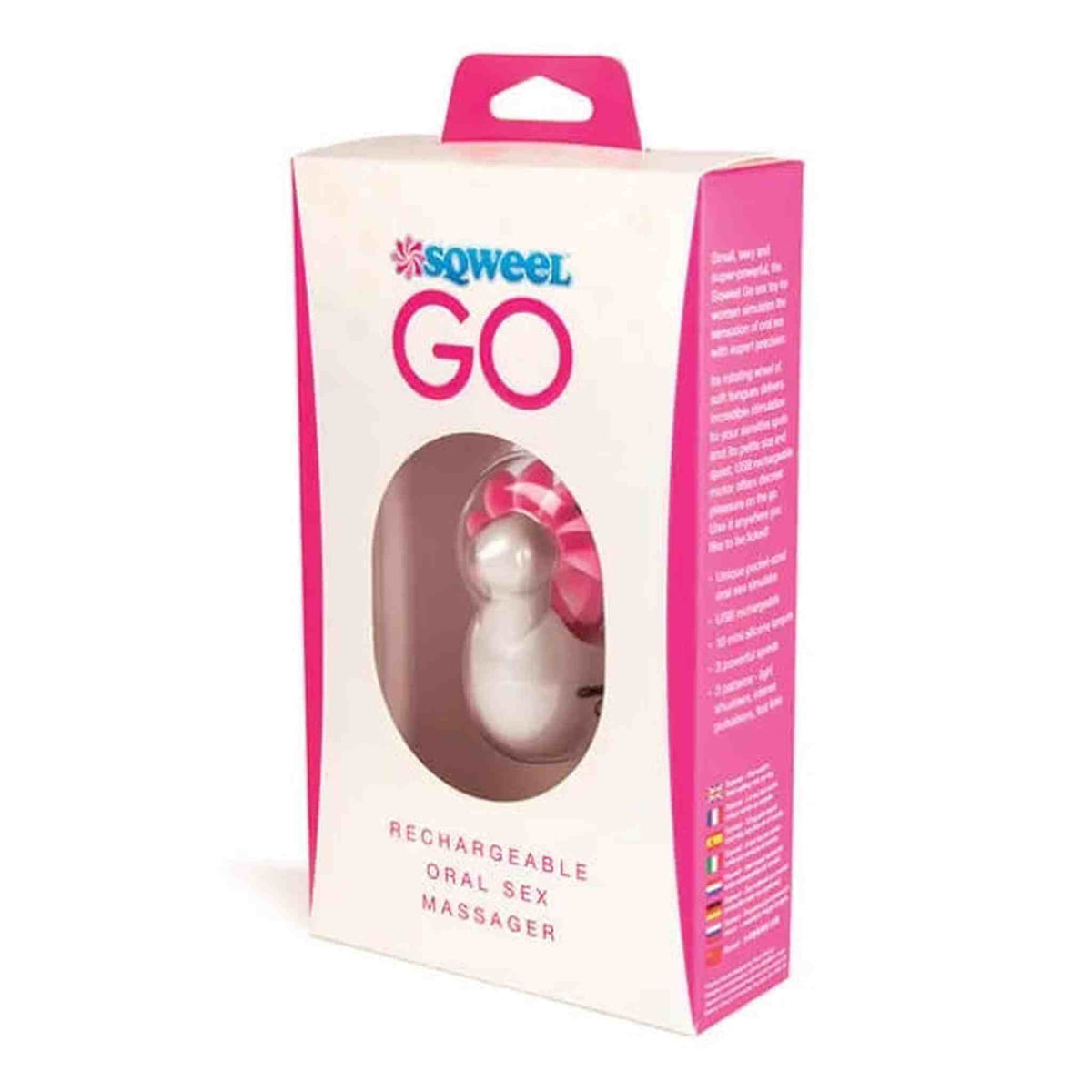 Scatola Sqweel Go massager orale ricaricabile bianca e rosa con logo