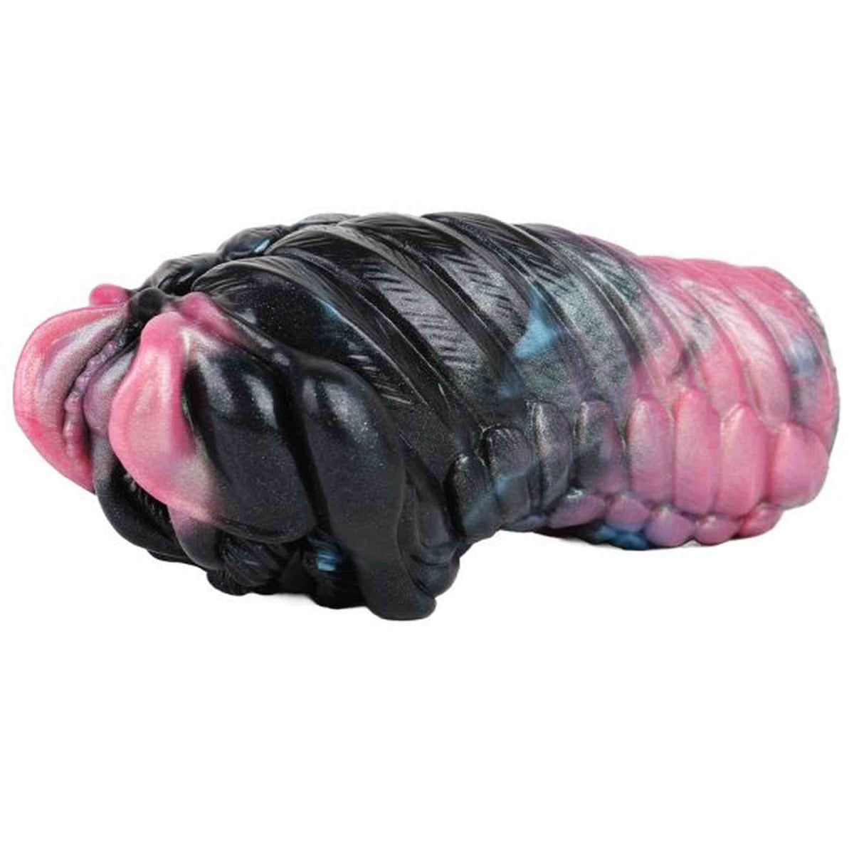 Toy masturbazione forma sinuosa nera con riflessi metallici blu e labbra rosa
