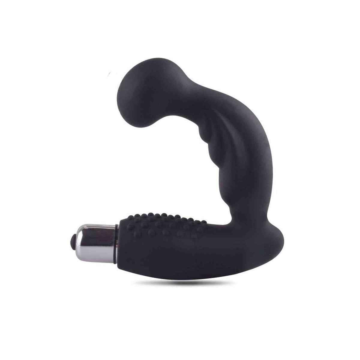 Stimolatore prostata nero in silicone con manico ergonomico a bolle e base cromata