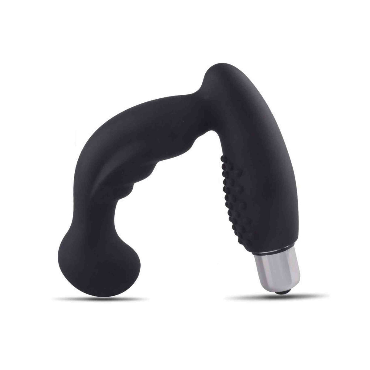 Vista posteriore giocattolo anale nero in silicone con design curvo