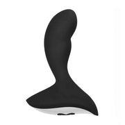 Vista frontale stimolatore prostatico nero in silicone con curva anatomica e striscia decorativa