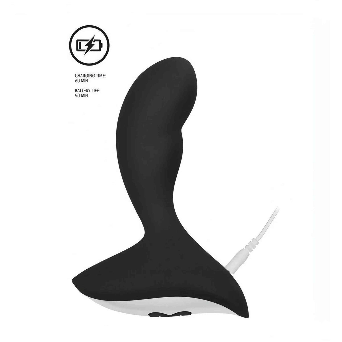 Stimolatore prostatico nero in silicone collegato cavo USB con indicazione tempi carica e autonomia