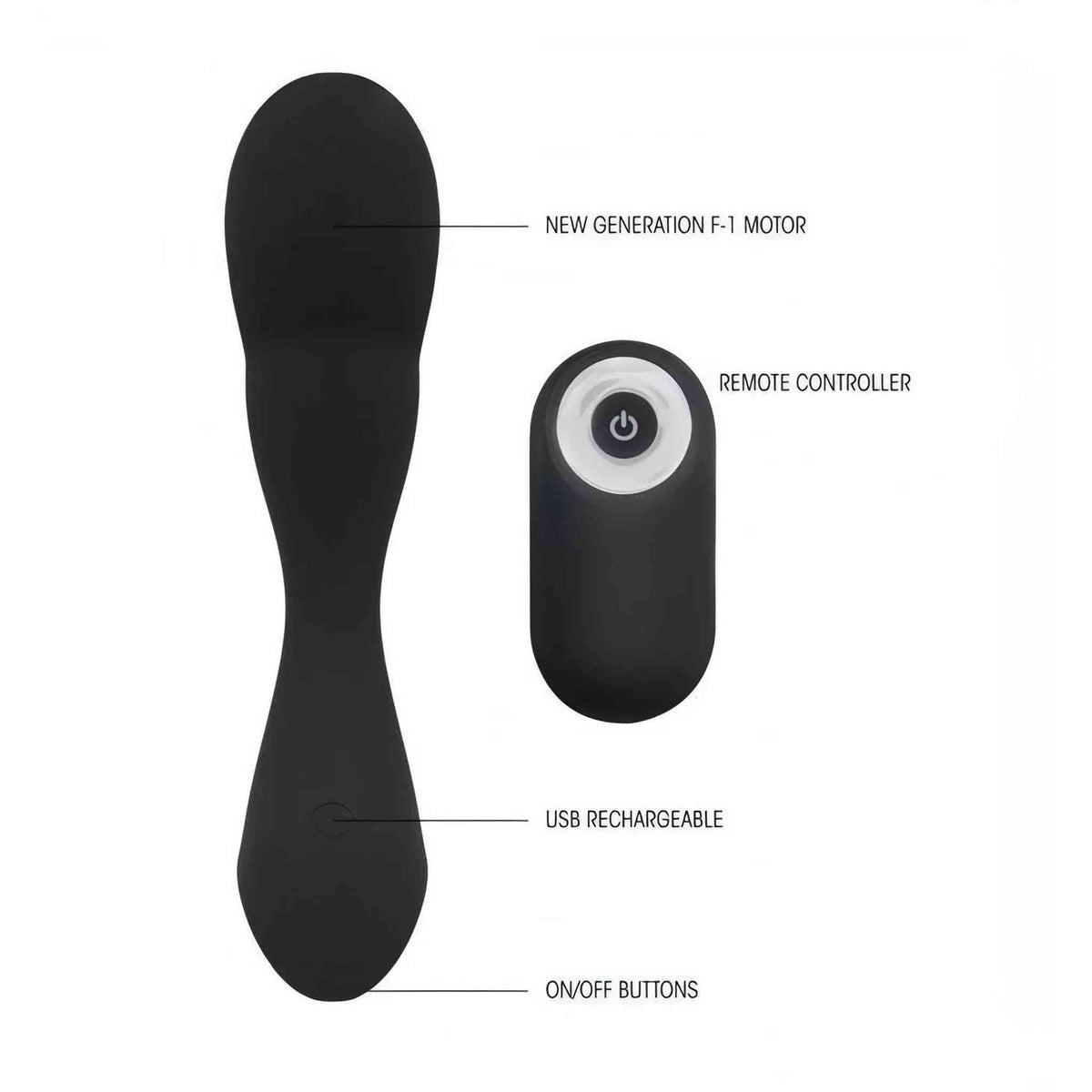 Stimolatore prostatico nero ricaricabile USB con motore F-1 e telecomando wireless ON/OFF