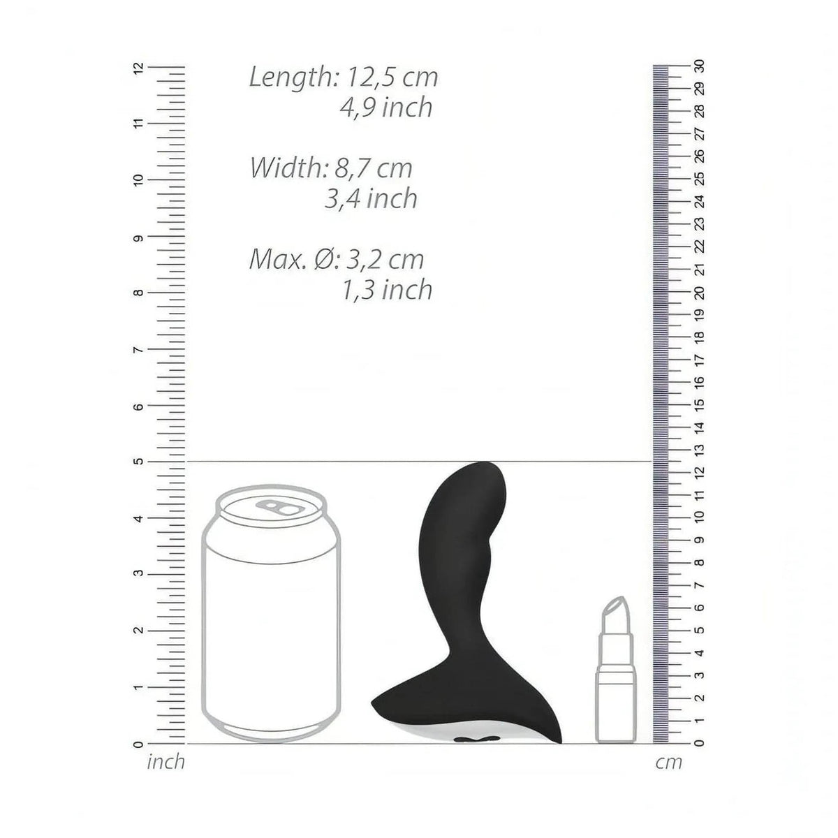 Confronto dimensioni stimolatore prostatico nero in silicone con scala metrica e oggetti comuni