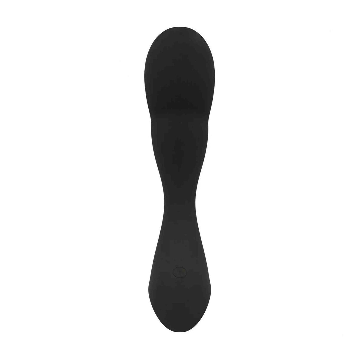 Vista posteriore stimolatore prostatico nero in silicone con base piatta e connettore ricarica