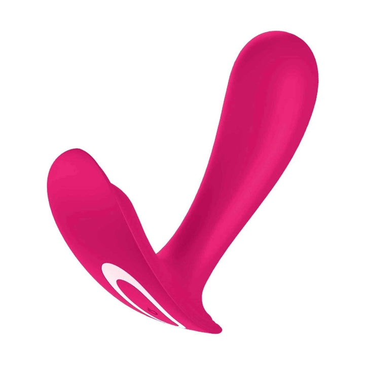 Vista laterale stimolatore intimo rosa fucsia a forma di V con pulsante accensione