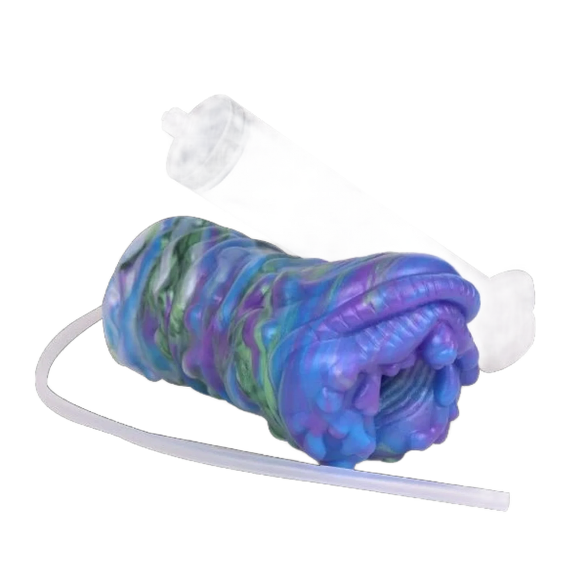 Dildo mucca strana silicone liquido superficie organica rugosa con siringa trasparente sullo sfondo