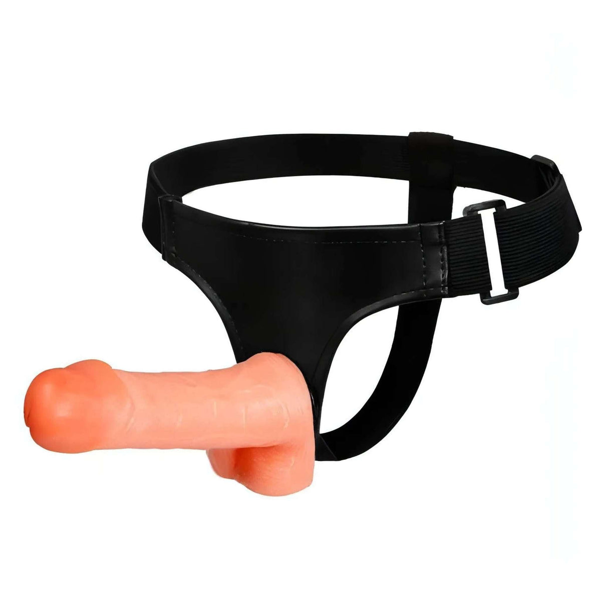 Strap-on stile thong Y nero con pene realistico, vista di profilo