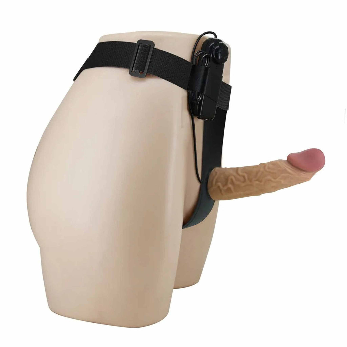 Strapon nero su manichino femminile con cintura a U e testa in silicone color carne