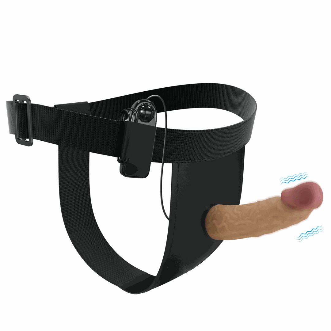 Strapon indossabile nero con cintura regolabile e testa in silicone color carne vibrante