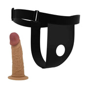 Strapon nero vuoto con apertura centrale e pene in silicone carne con testa rosa