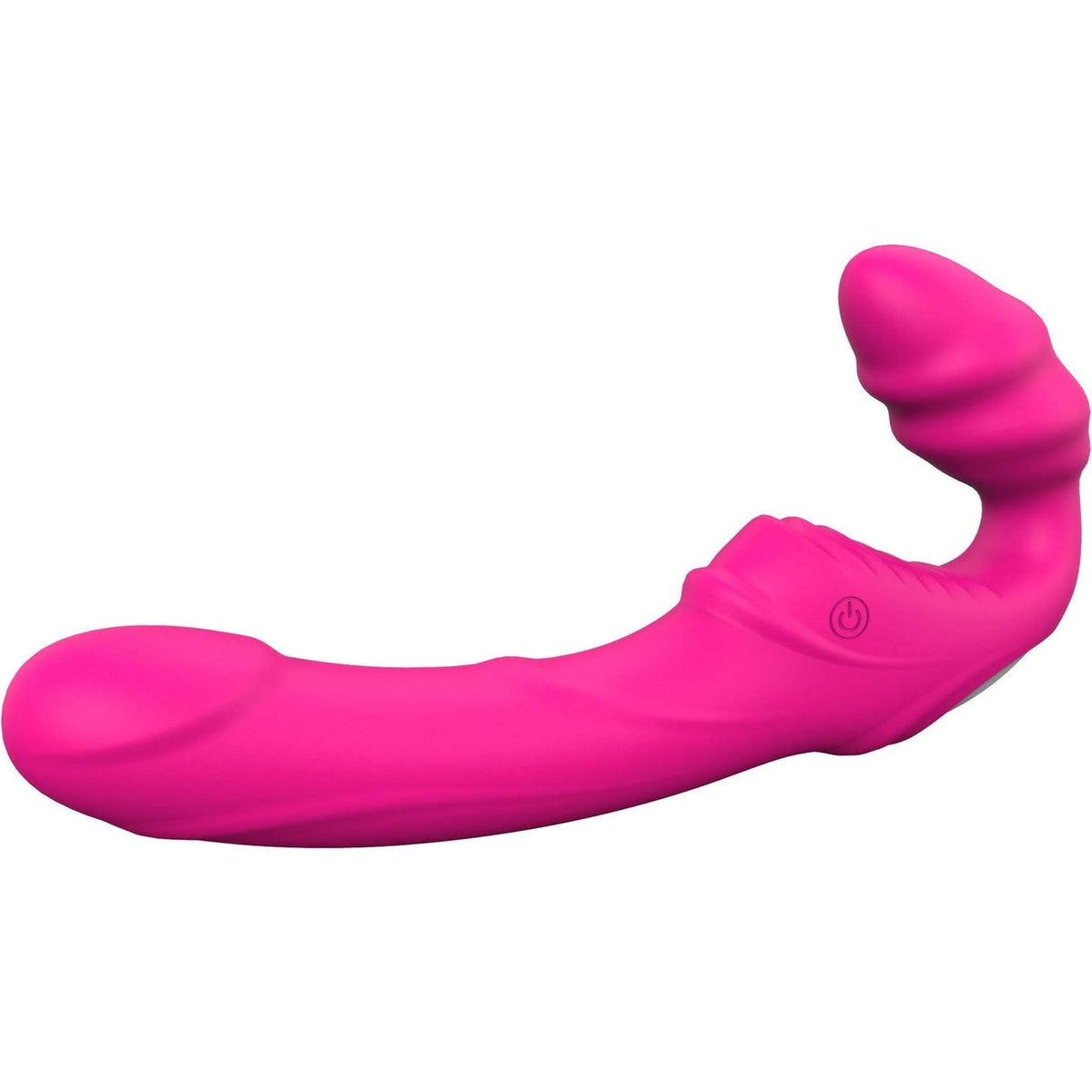 Vista laterale strapon strapless rosa silicone anatomico senza cinturino