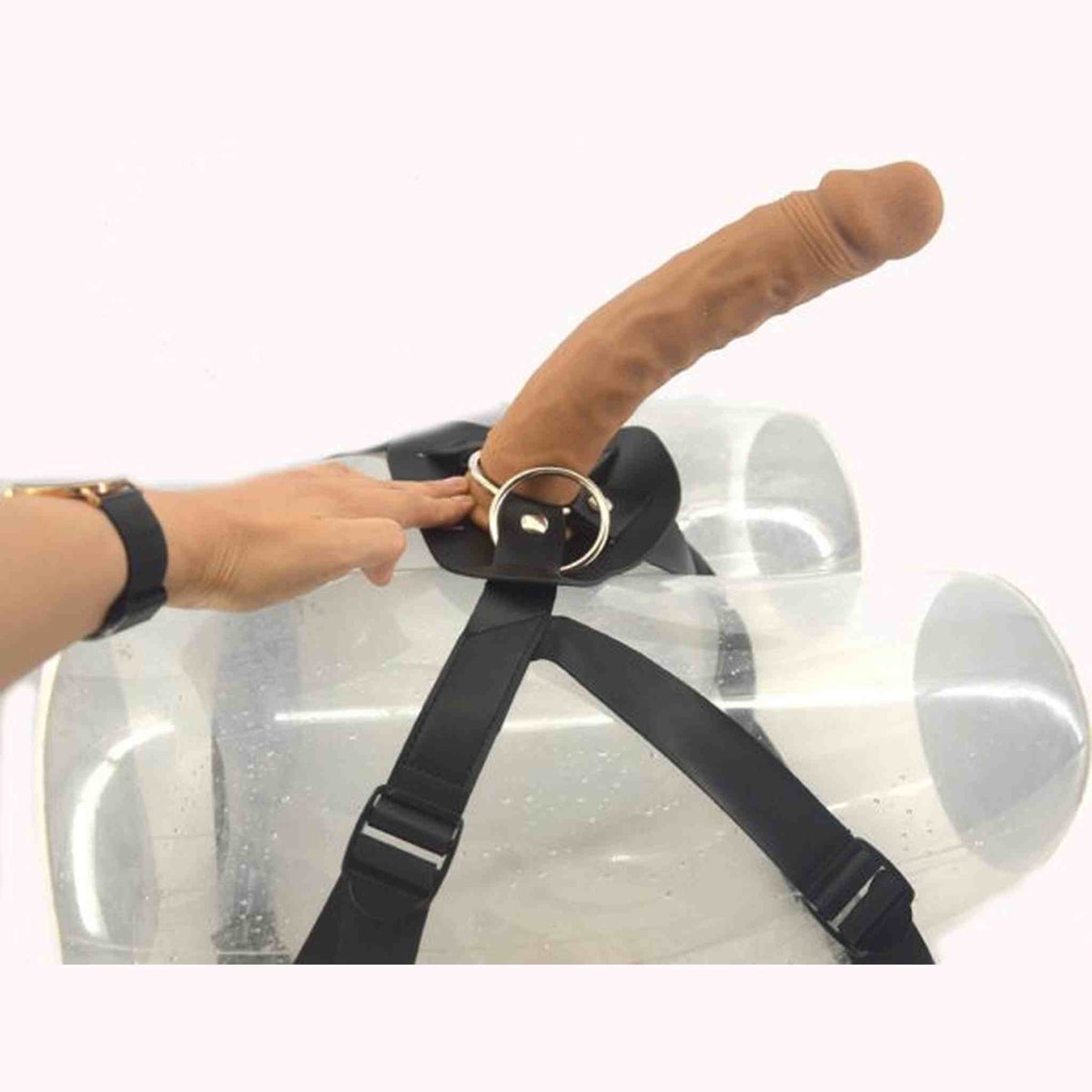 Dildo Strapons 24cm carne su supporto rigido con cinghie nere e fibbie