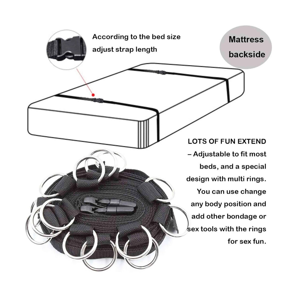 Striscia da letto nylon nero con 5 anelli metallici per fissaggio a muro o letto