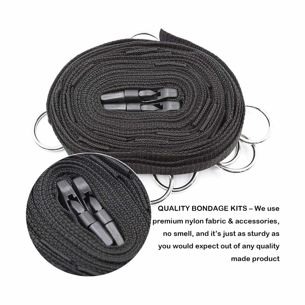 Striscia nylon nero con 5 anelli e fibbie regolabili per cavigliere o polsiere