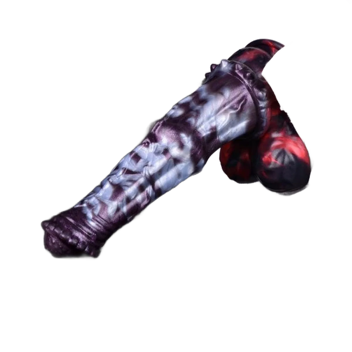 Dildo silicone Lewis drago strisce viola blu rosso vista laterale