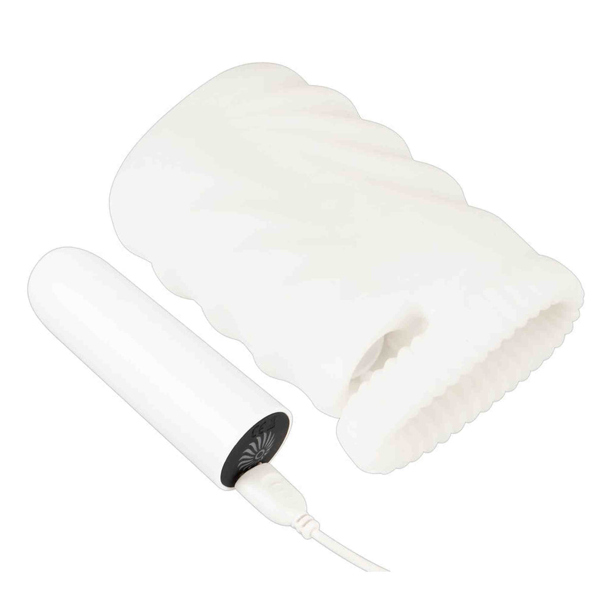 Stroker Vibrante in silicone bianco accanto al cilindro motore USB