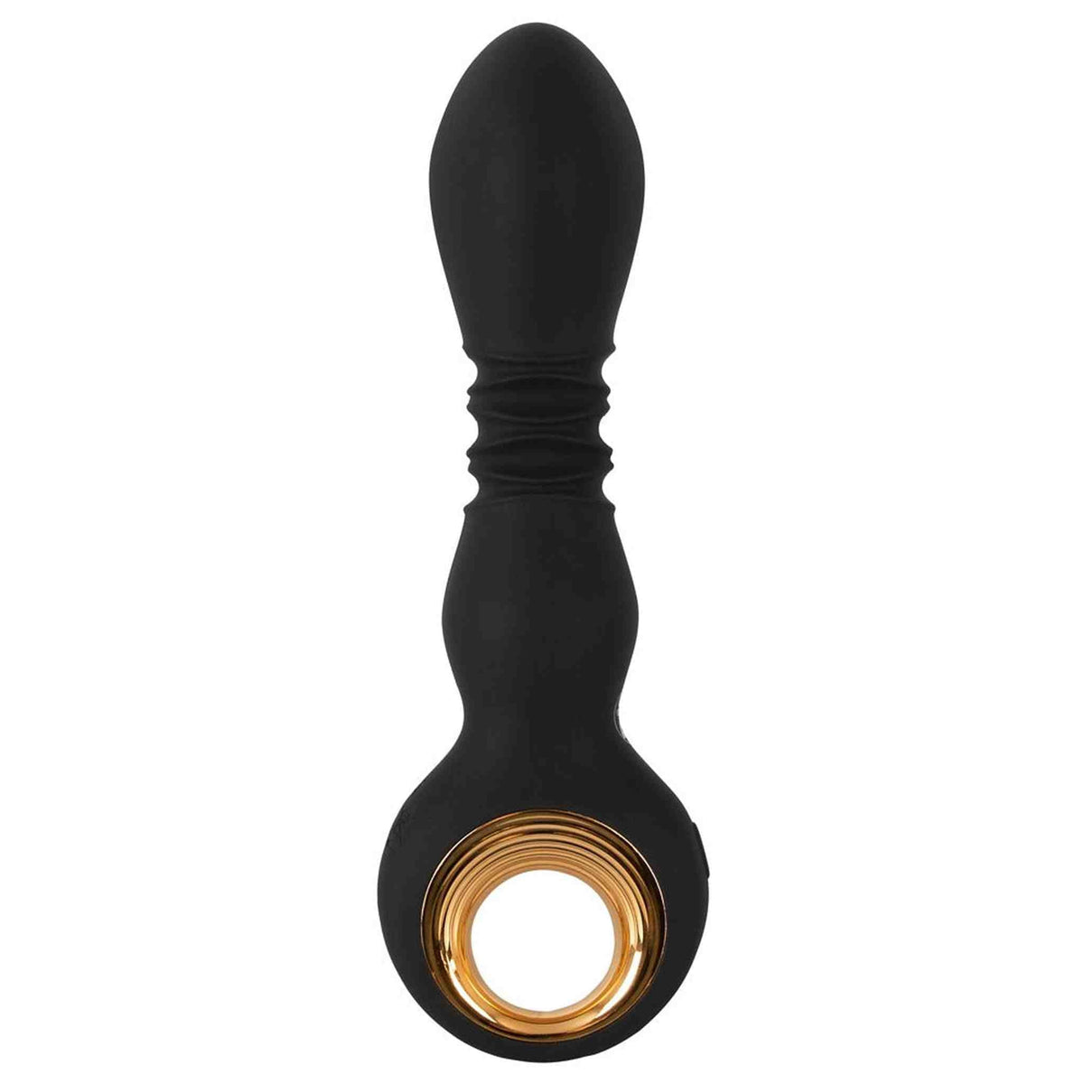 Vibratore nero in silicone con anello dorato a strati e texture centrale a rilievi
