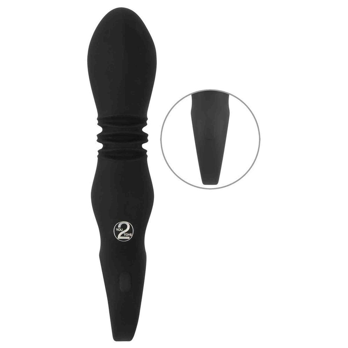 Vibratore nero in silicone con anello dorato e logo YOU 2 TOYS, vista ravvicinata della punta
