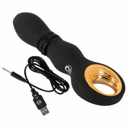 Vibratore nero in silicone con anello dorato e cavo di ricarica USB incluso