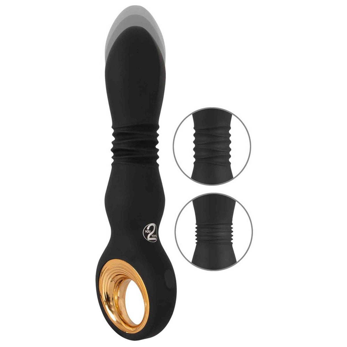 Vibratore nero in silicone con anello dorato e logo YOU 2 YOU, dettaglio texture
