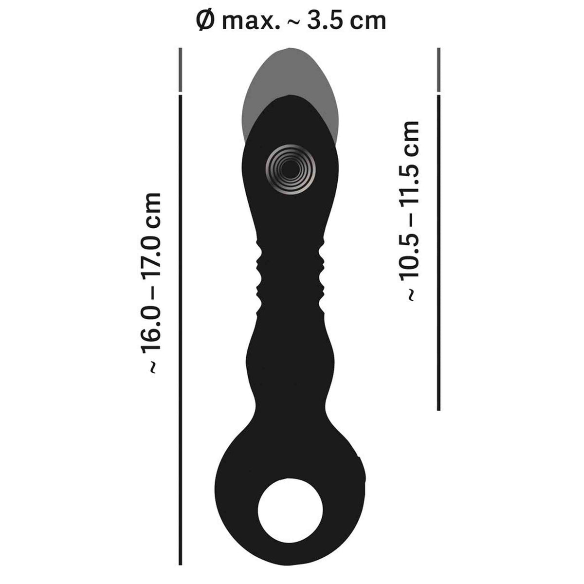 Schema tecnico dimensioni vibratore nero in silicone con anello dorato