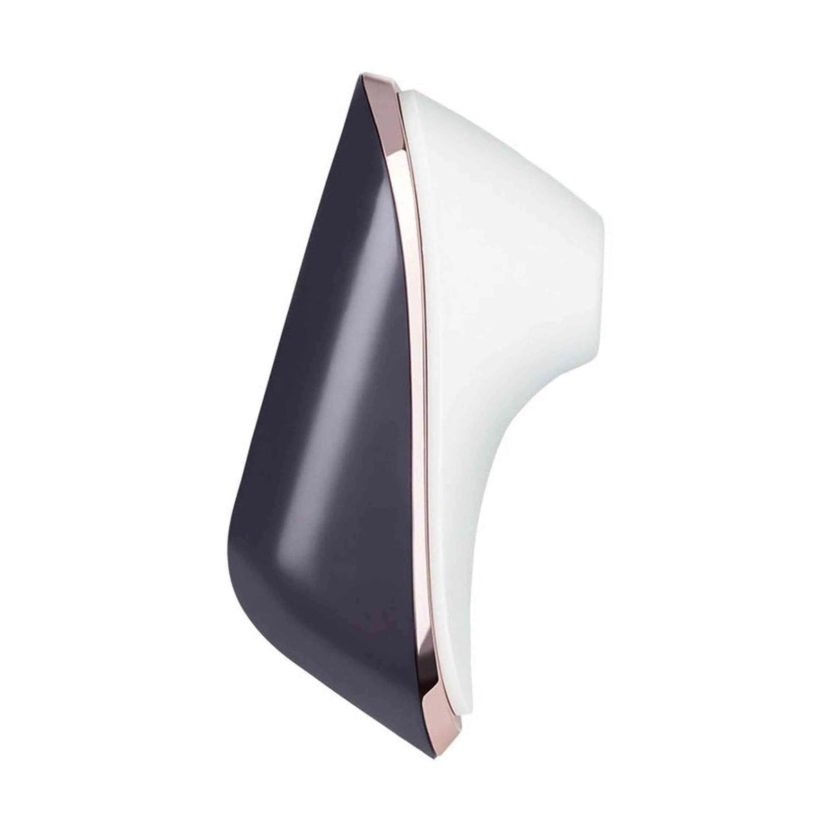Vista profilo Satisfyer Traveler stimolatore aria bianco nero bordi rosa oro