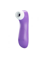 Angolazione fronte-laterale stimolatore clitorideo viola e bianco