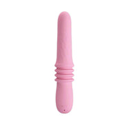 Vibratore rosa verticale in silicone con base piatta e anelli concentrici centrali