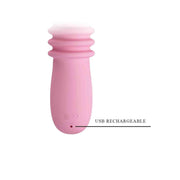 Vista posteriore vibratore rosa con porta ricarica USB e scritta USB RECHARGEABLE