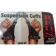 Etichetta Suspension Cuffs in pelle nera RED'S con anelli metallici bluastri per bondage