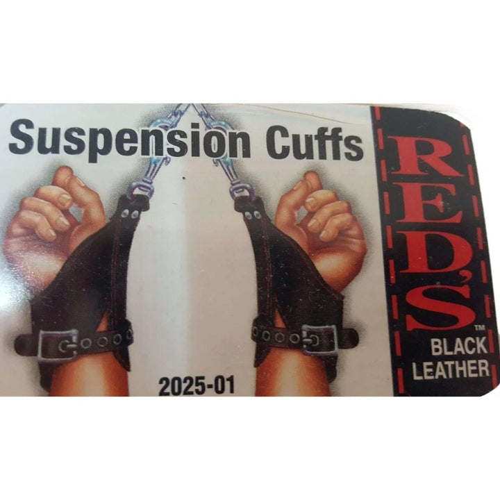 Etichetta Suspension Cuffs in pelle nera RED'S con anelli metallici bluastri per bondage