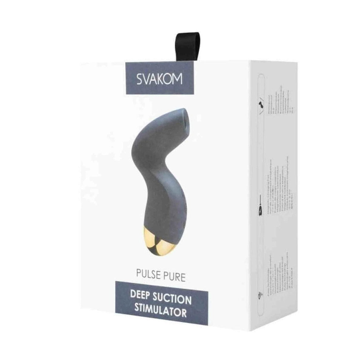 Lato laterale confezione stimolatore clitorideo Svakom Pulse Pure con icone tecniche
