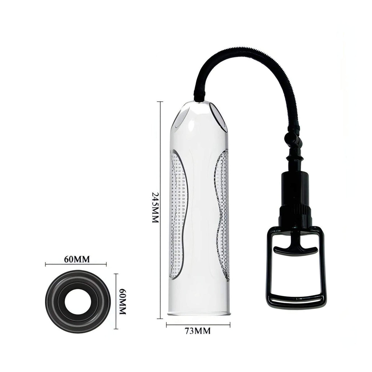 Pompa pene Cyberskin trasparente con manico a grilletto nero e texture ondulata