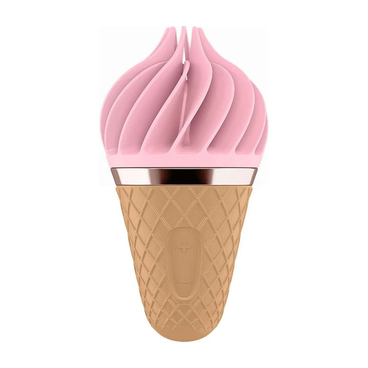 Satisfyer Sweet Treat Spinnator rosa con pulsanti controllo +/- sul cono marrone