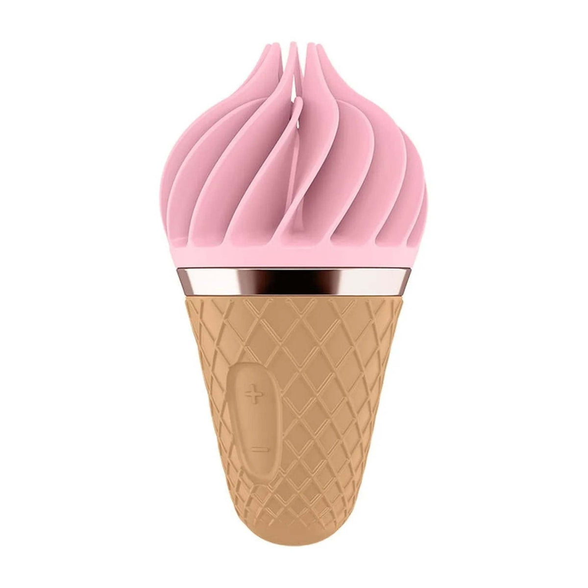 Satisfyer Sweet Treat Spinnator rosa con base a cono marrone e controlli +/-