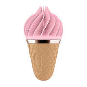 Satisfyer Sweet Treat Spinnator rosa con base a cono marrone e controlli +/-