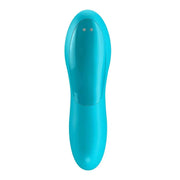 Vibratore per dito Satisfyer Teaser turchese vista frontale con fori metallici superiori