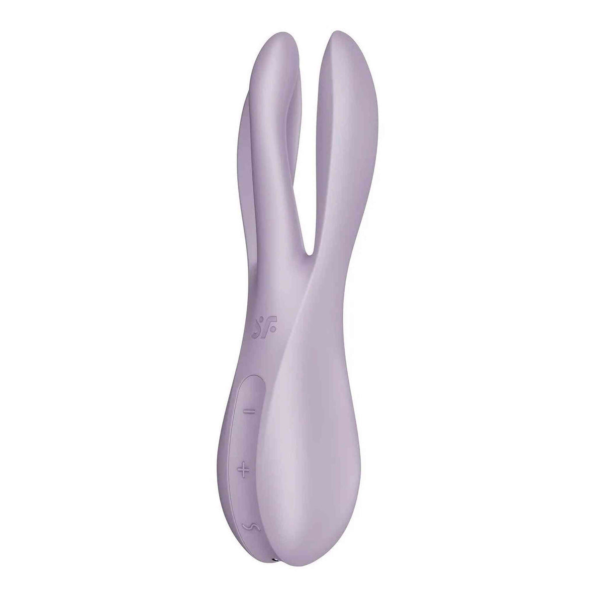Vibratore viola Satisfyer Threesome 2 a tre punte con logo SF inciso vista angolata