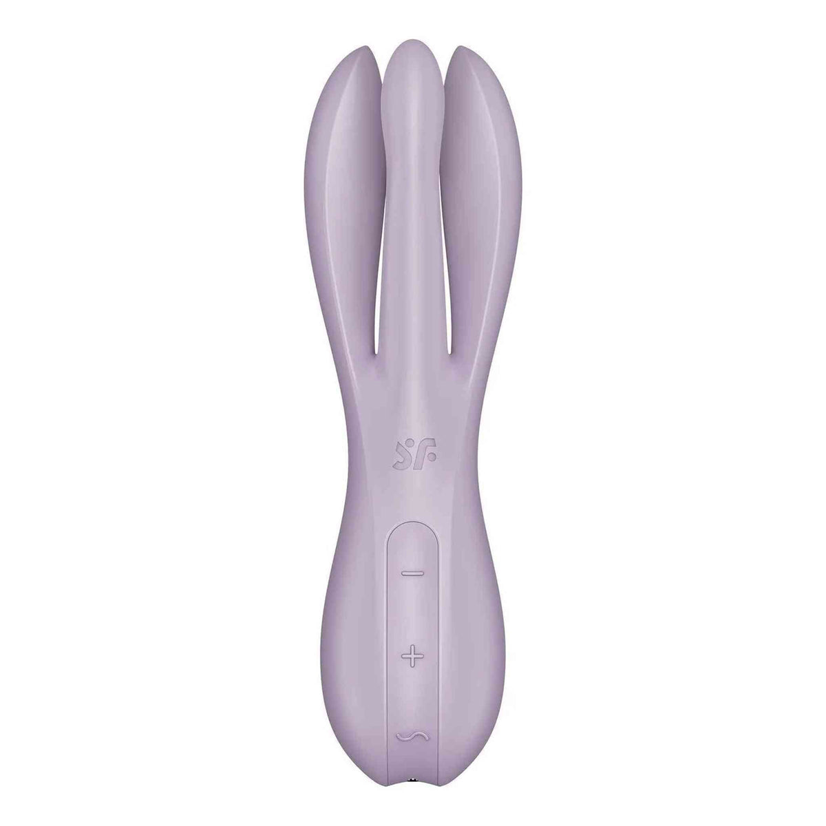 Vibratore viola Satisfyer Threesome 2 con tre appendici e controllo pulsanti vista frontale