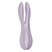 Vibratore viola Satisfyer Threesome 2 con controlli '+' '-' e simbolo S vista laterale