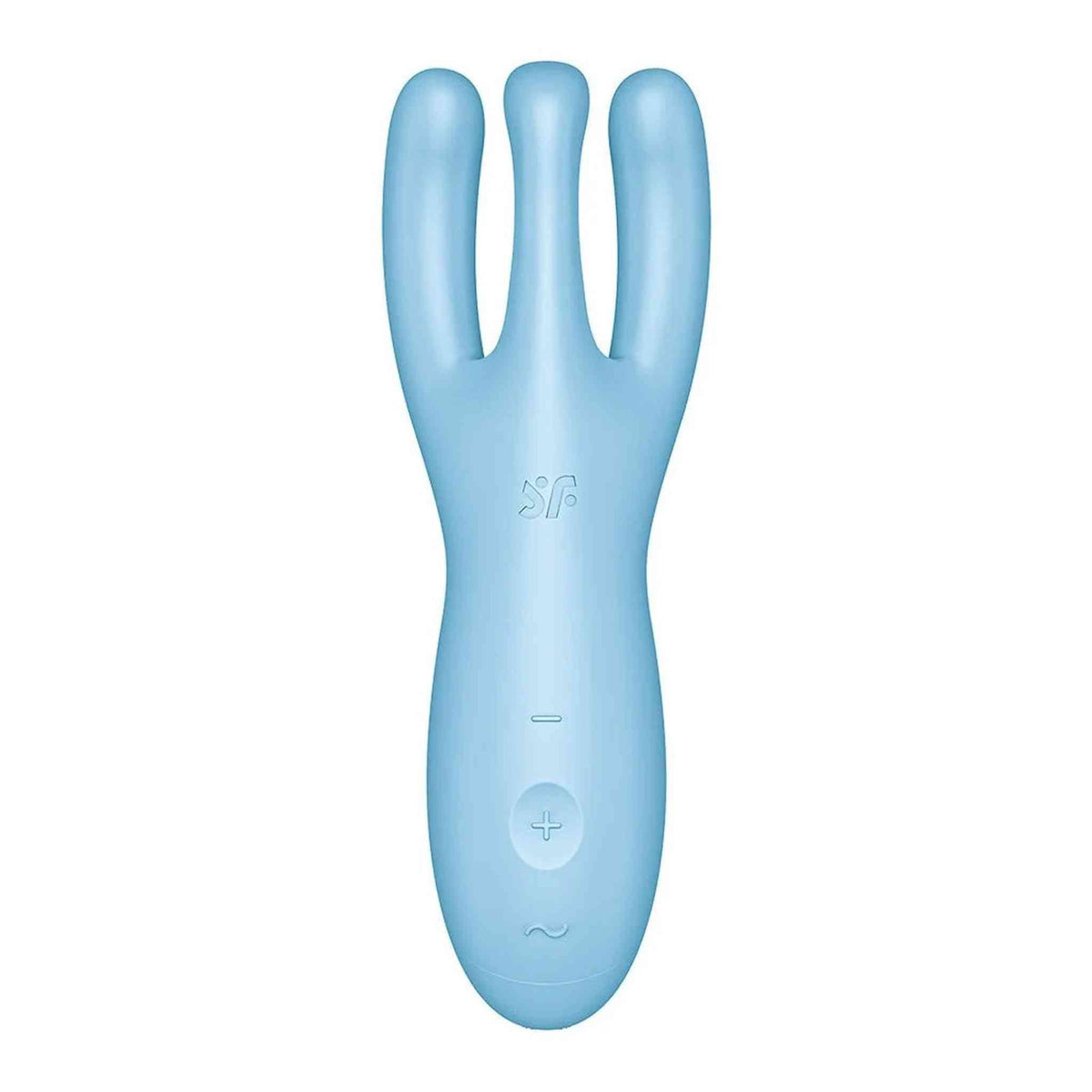 Vista frontale vibratore silicone blu Satisfyer Threesome 4 con pulsanti controllo modalità
