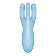 Vista frontale vibratore silicone blu Satisfyer Threesome 4 con pulsanti controllo modalità