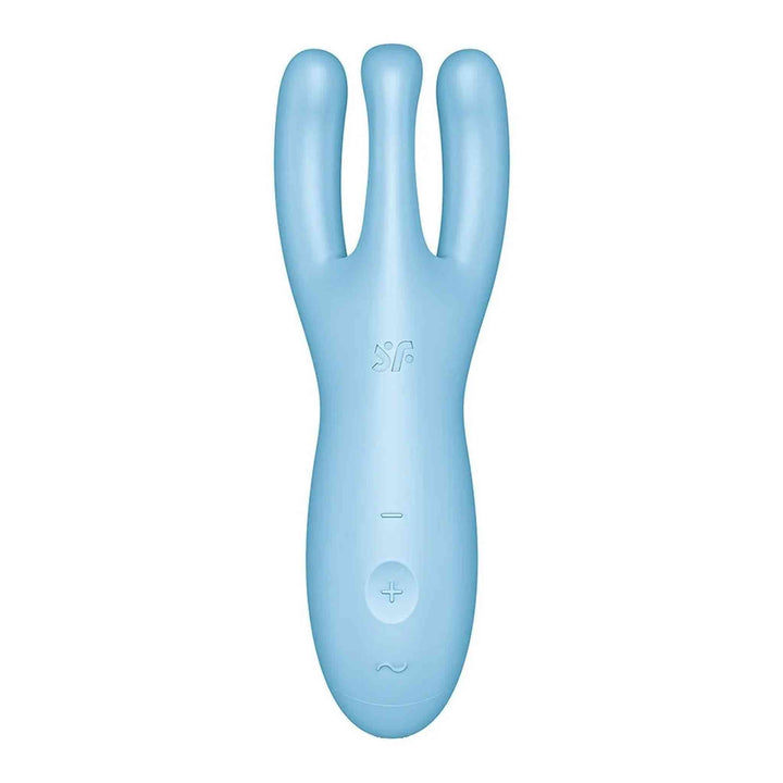 Vista frontale vibratore silicone blu Satisfyer Threesome 4 con pulsanti controllo modalità