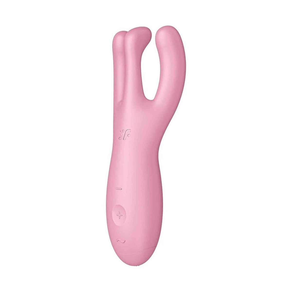Vista laterale vibratore rosa Satisfyer Threesome 4 con controlli e logo SF