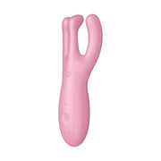 Vista laterale vibratore rosa Satisfyer Threesome 4 con controlli e logo SF