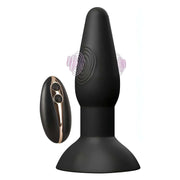 Plug anale nero in silicone con telecomando wireless e simboli grafici viola zona vibrazione