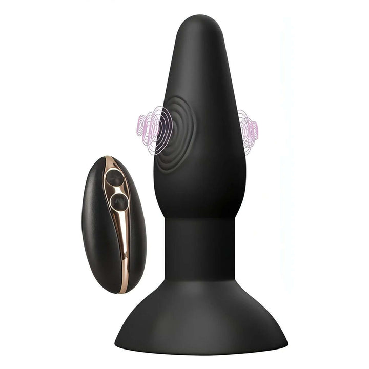 Plug anale nero in silicone con telecomando wireless e simboli grafici viola zona vibrazione