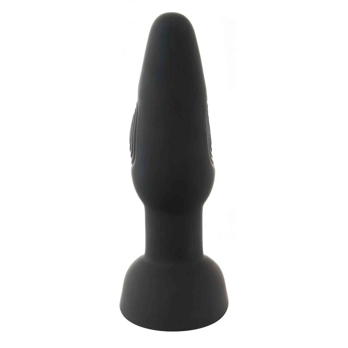 Plug anale nero in silicone morbido con base ampia e dettagli a cerchi concentrici