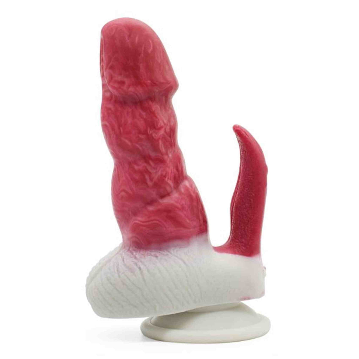 Dildo mostro silicone rosso e bianco texture ondulata con appendice curva